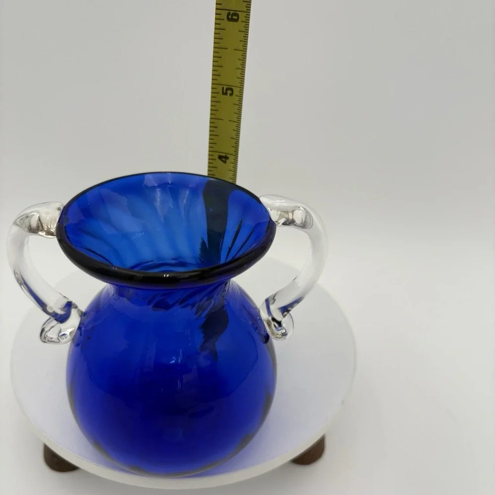 Rossi Glass Art Glass Blue Pitcher Applied‎ Double Handle Niagara Falls VTG
